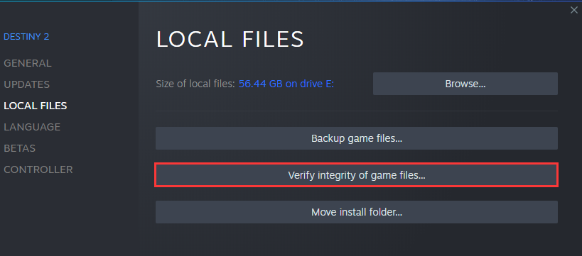 haga clic en Verificar la integridad de los archivos del juego