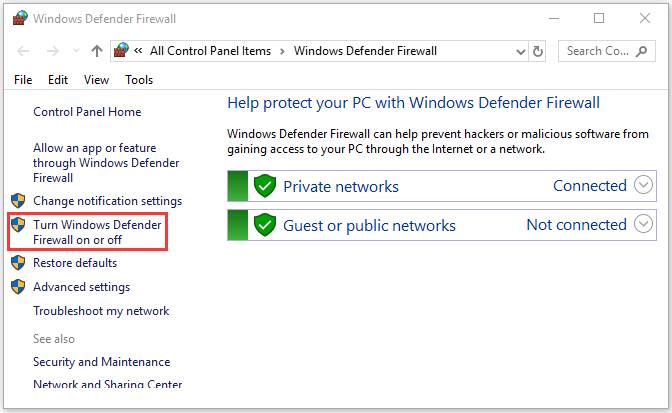 haga clic en Habilitar o deshabilitar el Firewall de Windows Defender