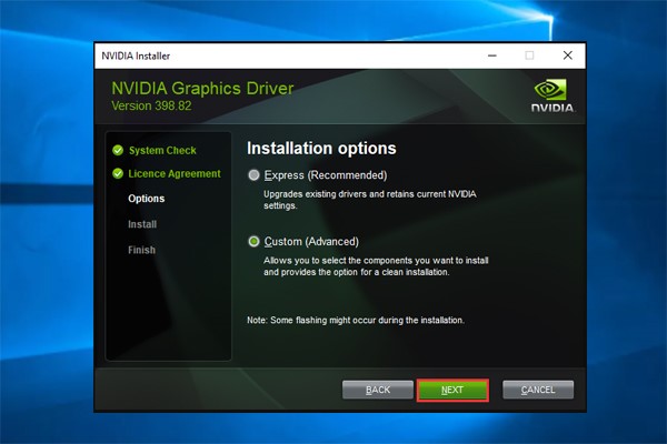 seleccione la opción de controlador NVidia personalizado