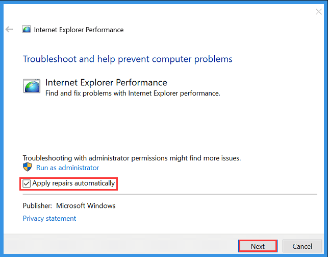 Aplicar reparaciones automáticamente Solucionador de problemas de Internet de Windows