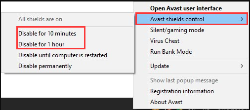 desactivar Avast durante 10 minutos