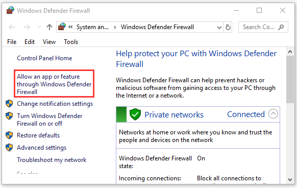Permitir una aplicación o función a través del Firewall de Windows Defender 