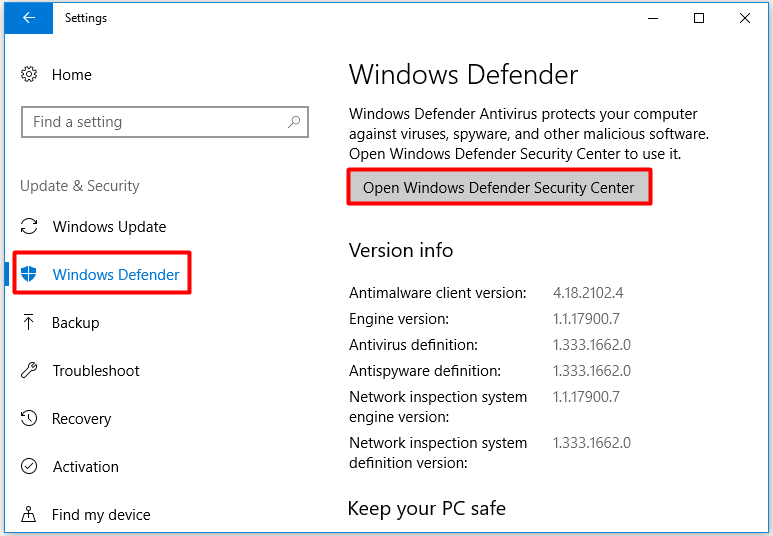 haga clic en Abrir el Centro de seguridad de Windows Defender