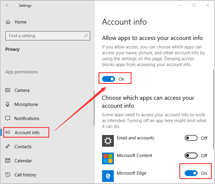 deshabilitar el acceso a la información de la cuenta en la configuración de Windows
