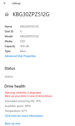 Página de configuración de errores de SSD