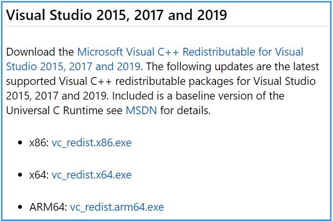 descargar la versión correcta de Visual C Redist