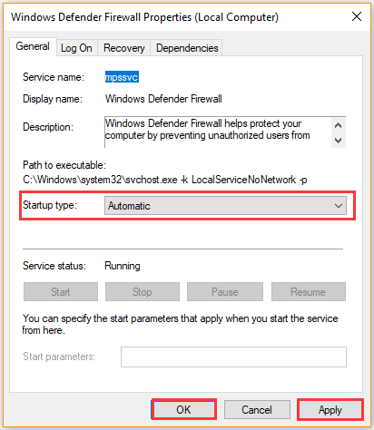 cambiar el firewall de Windows Defender para que se inicie automáticamente