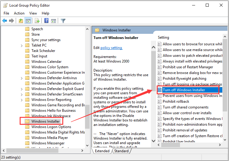 haga doble clic en Deshabilitar el instalador de Windows