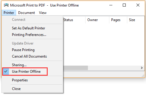anule la selección de Usar impresora sin conexión