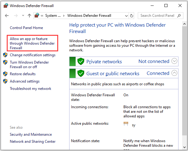 seleccione Permitir una aplicación o función a través del Firewall de Windows Defender