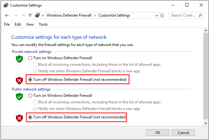 apagar el firewall de Windows Defender