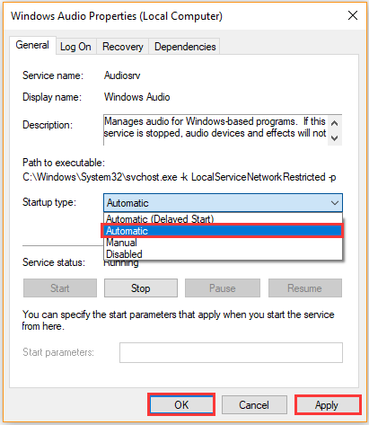 establecer el servicio de audio de Windows en automático