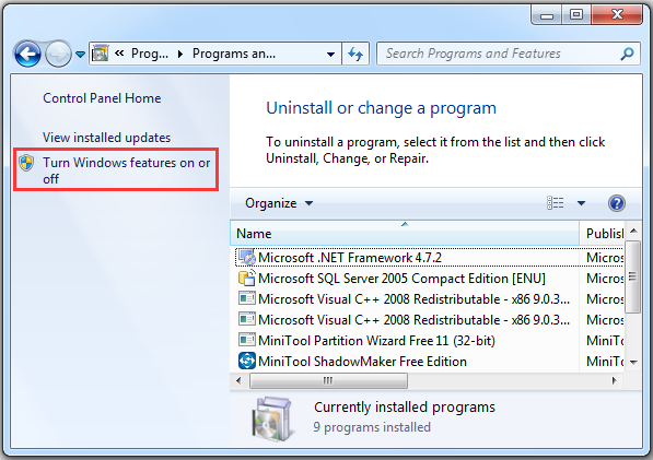 haga clic en Habilitar o deshabilitar las funciones de Windows